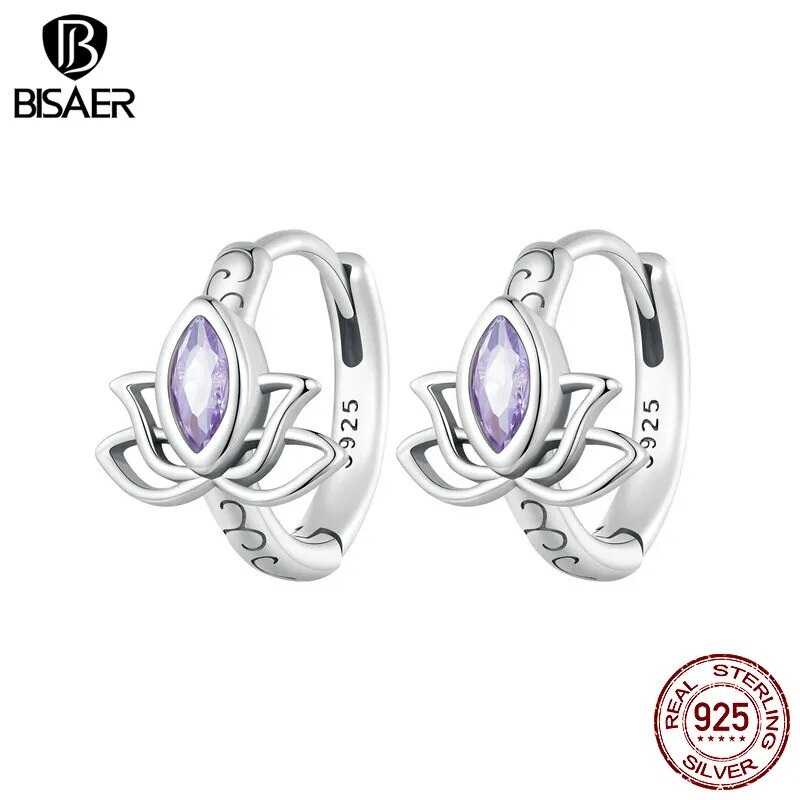 Sterling Silver Lotus Hoop Earrings: Elegant Purple Zircon Adornments for Your Party Look