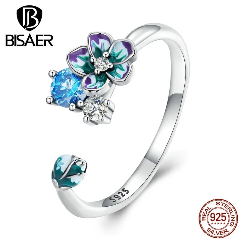 Sterling Silver Blue Flower Opening Ring: Zircon Elegance for Women’s Party Jewelry