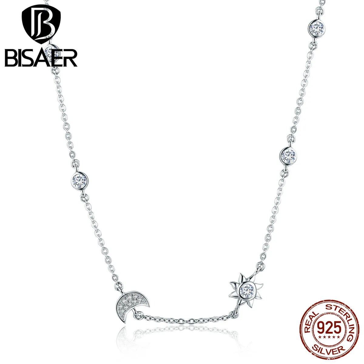 Sterling Silver Sparkling Moon Star Necklace: Crystal Elegance for Weddings