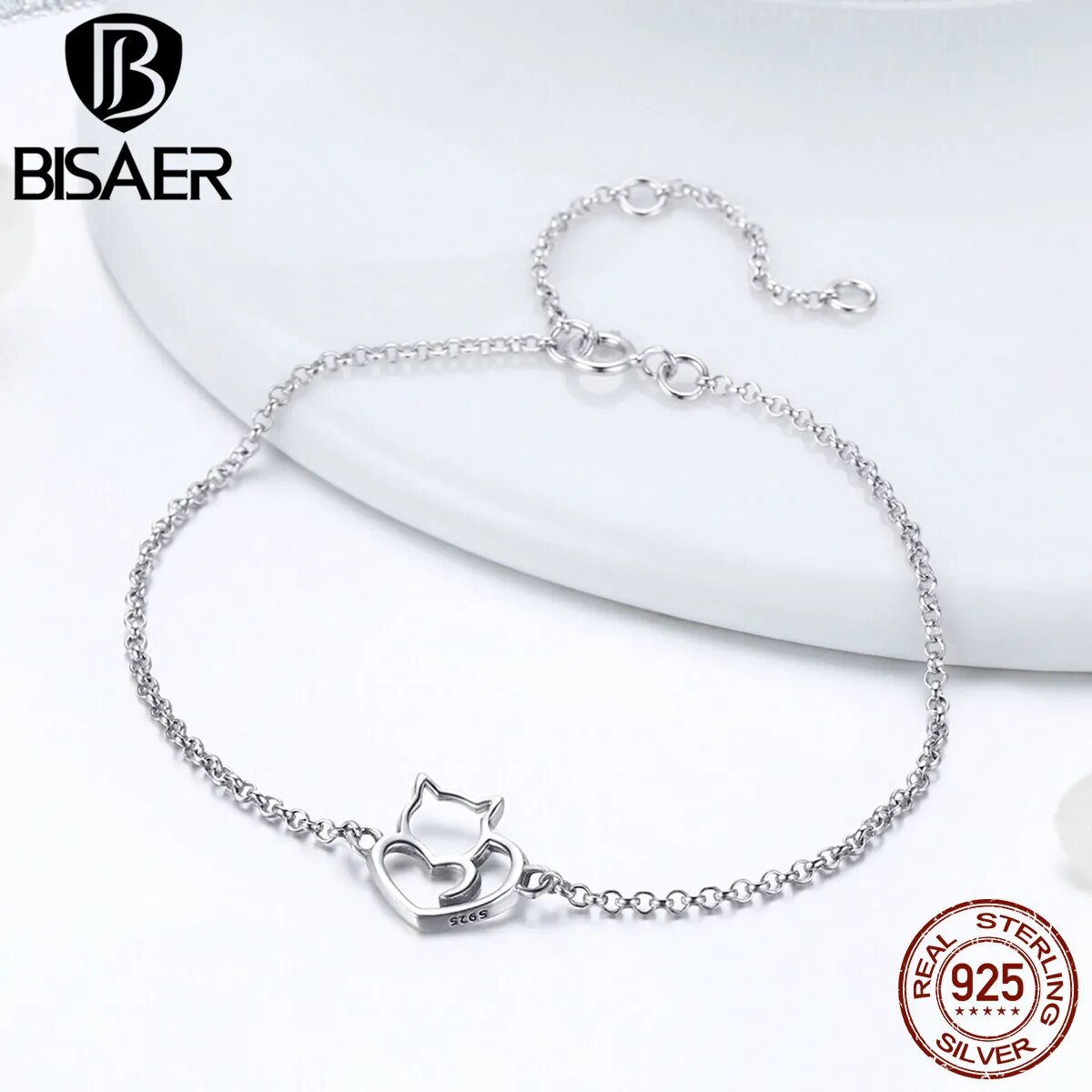 Sterling Silver Cat Heart Bracelet: Simple Animal Elegance for Women