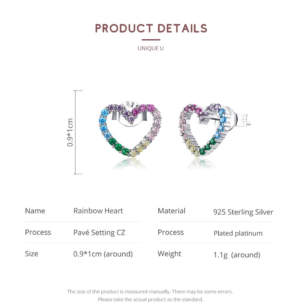 Sterling Silver Rainbow Heart Stud Earrings: Colorful Zircon Luxury for Women