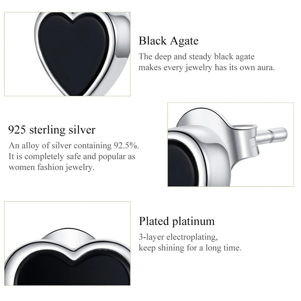 Sterling Silver Black Heart Stud Earrings: Elegant Agate Accents for Women’s Wedding Jewelry