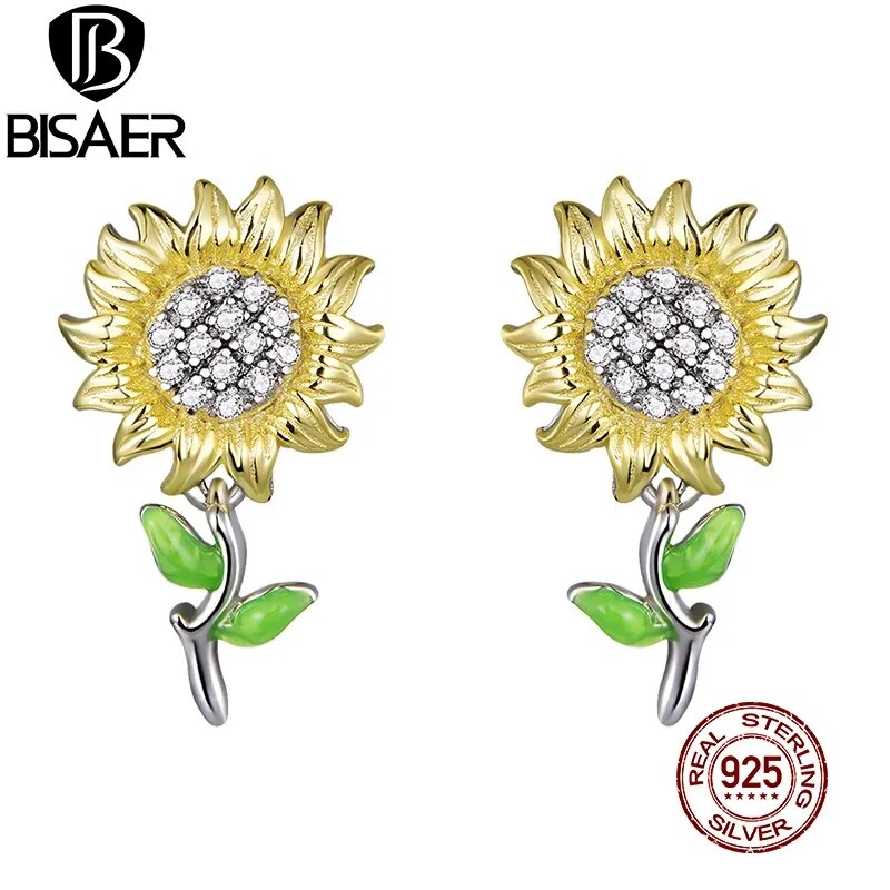 Sterling Silver Sunflower Stud Earrings: Enamel Beauty with Zircon Sparkle for Women