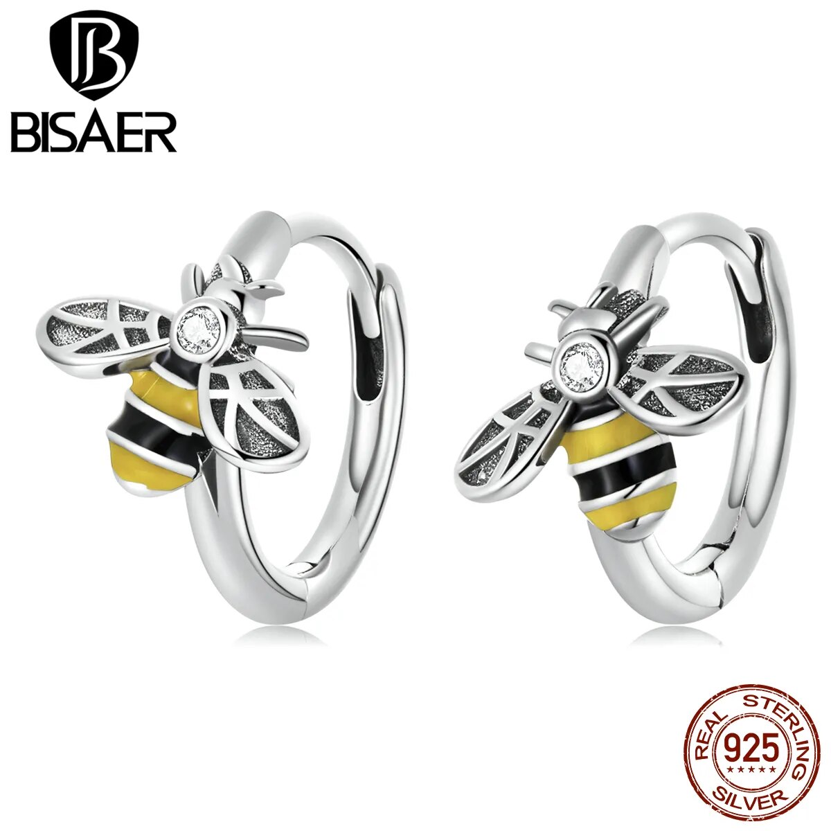 Sterling Silver Bee Hoop Earrings: Zircon Sparkle for Women’s Party Elegance