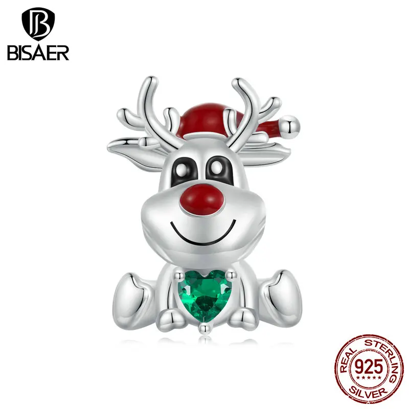 Cute Christmas Elk Charm: Sterling Silver, Heart Green Zircon Bead, Platinum-Plated for DIY Bracelet