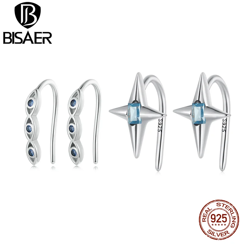 Demon Eye Studs: Sterling Silver, Blue CZ Starry Ear Clip, Platinum-Plated