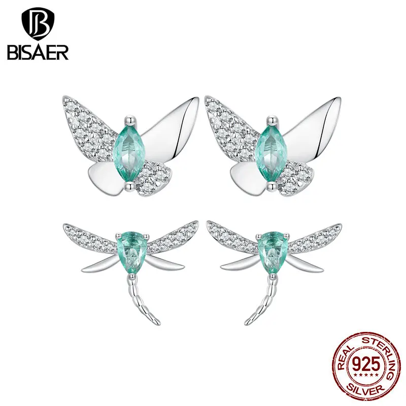 Green Zircon Butterfly Stud Earrings: Sterling Silver, Dragonfly Ear Clip, Platinum-Plated for Woman’s Party Fine Jewelry