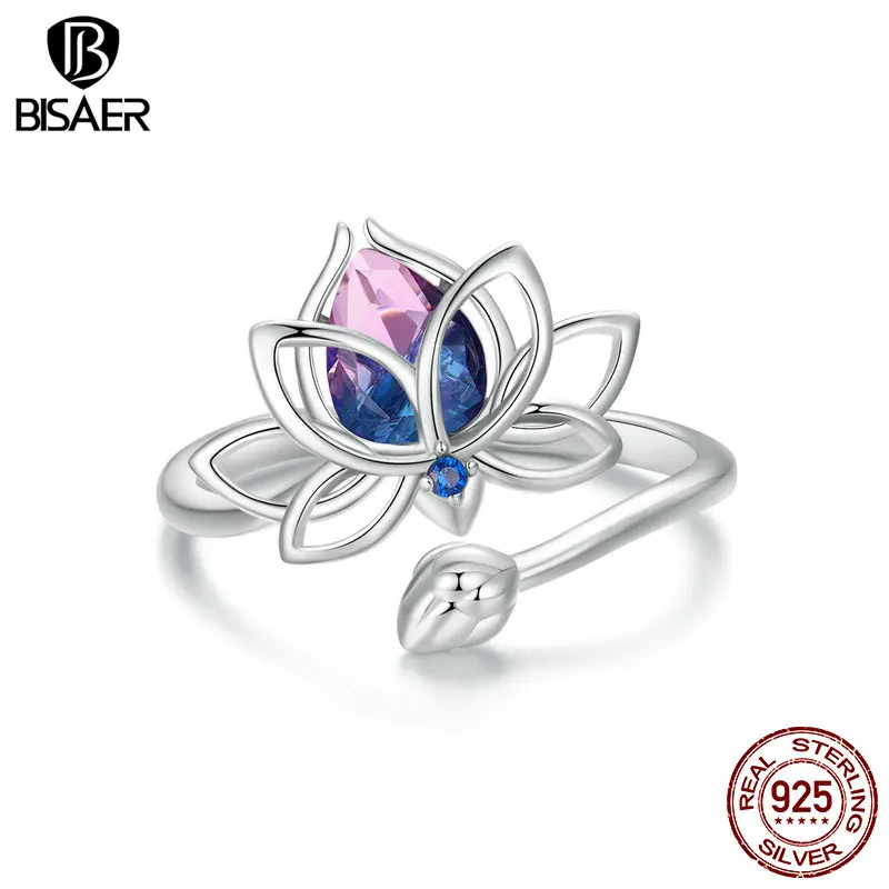 Lotus Flower Open Ring: Sterling Silver, Purple Eternity Band, Platinum-Plated, Size 5-9 for Elegant Women’s Fine Jewelry