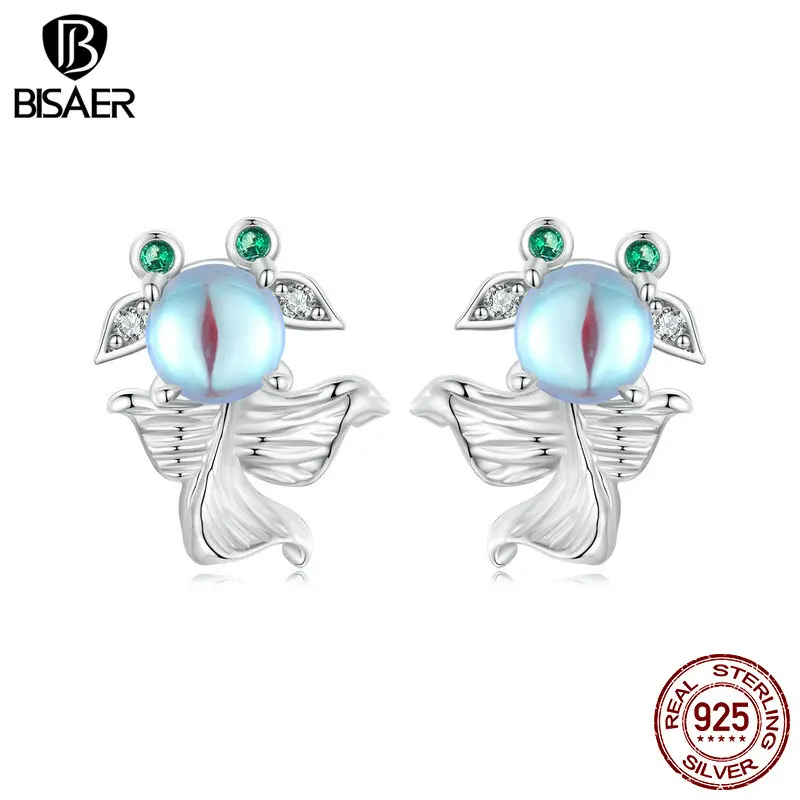 Moonstone Fish Studs: Sterling Silver, Goldfish Ear Clip, Platinum-Plated