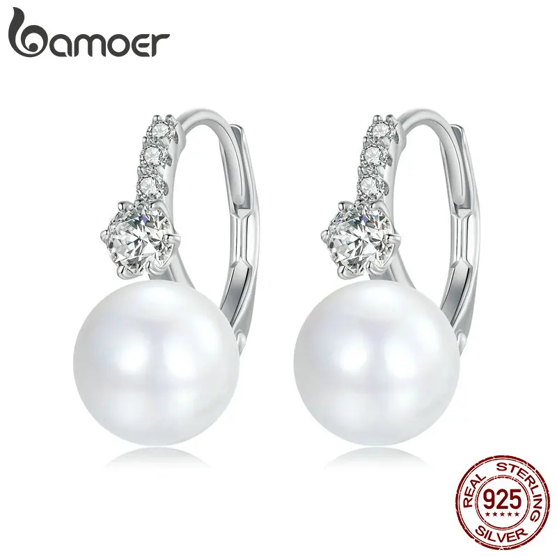 Silver Elegant Shell Pearl Ear Buckles: Pave Setting CZ