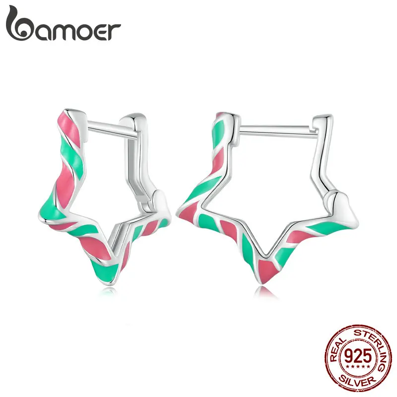 Silver Star Shape Enamel Hoop Earrings: Christmas Gift