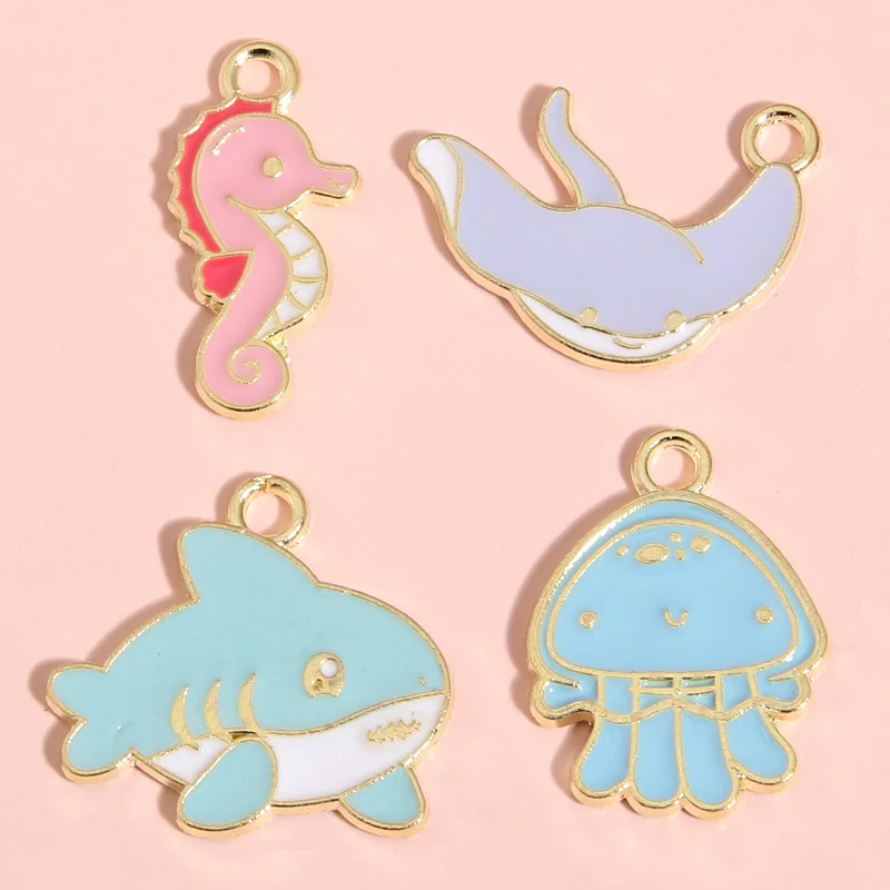 10pcs Gold Love Enamel Sea Creatures Charms – Shark, Jellyfish & Seahorse for DIY Jewelry