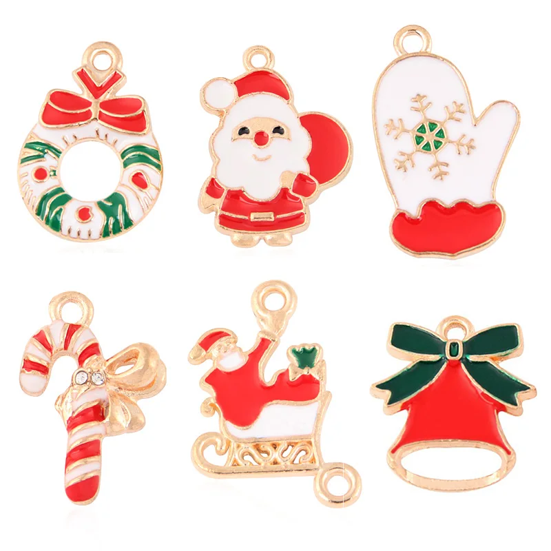 10pcs Gold Christmas Charms – Cute Deer, Candy Cane, Snowflake & Bell Pendants for DIY Jewelry