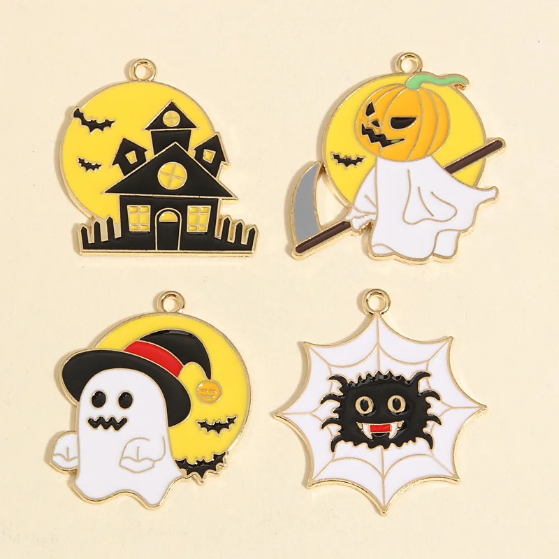 5pcs Gold Halloween Charms – Ghost, Pumpkin, Spider & Castle Pendants for DIY Jewelry