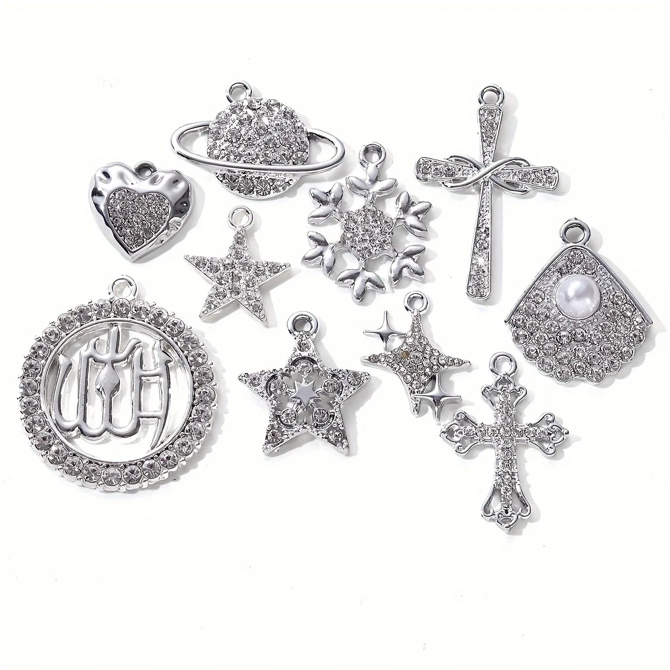 10pcs Silver Glaring Star Cross Enamel Charms – Fashion Pendants for DIY Jewelry