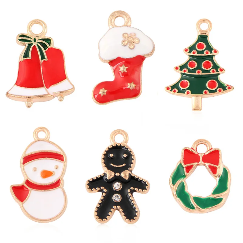 10pcs Gold Christmas Charms – Cute Stocking, Snowman, Santa & Gingerbread Pendants for DIY Jewelry