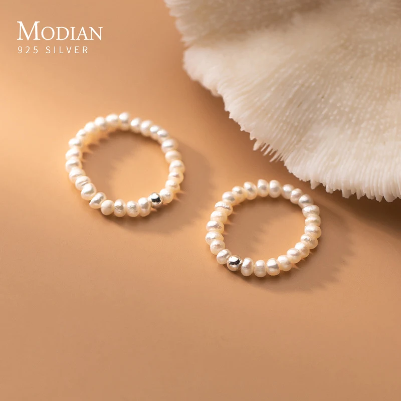 MODIAN Simple 925 Sterling Silver Stackable Natural Pearl Ring for Women