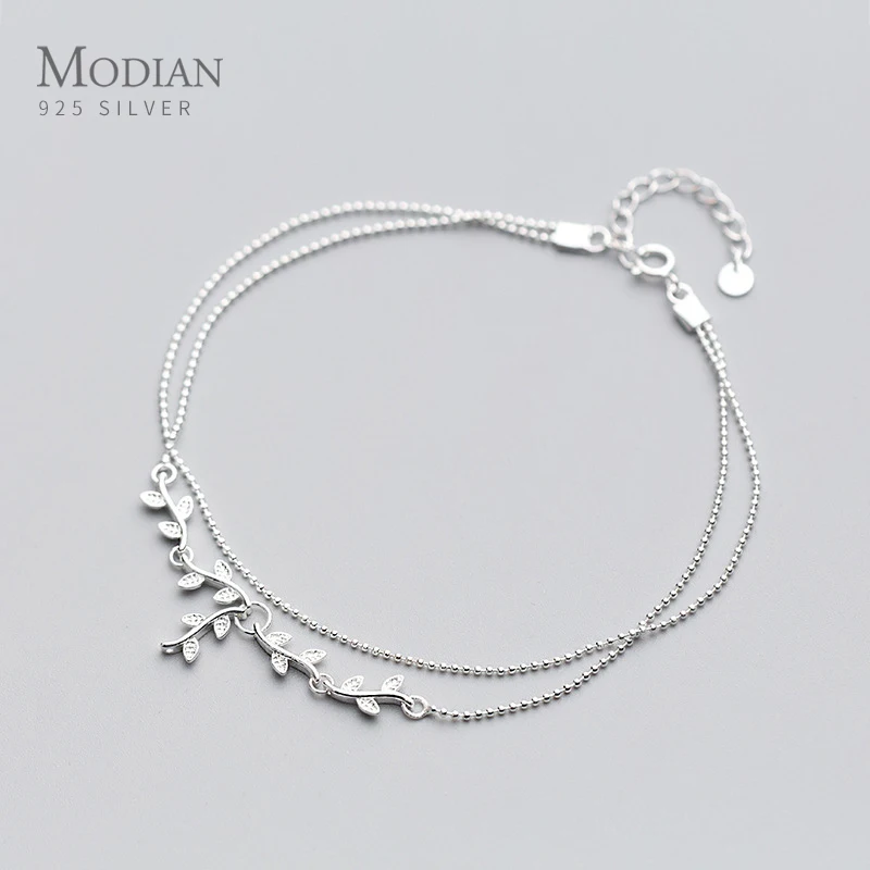 Modian 925 Sterling Silver Plant Anklet for Women – Tree Branch, Leaves & Tiny Ball Design