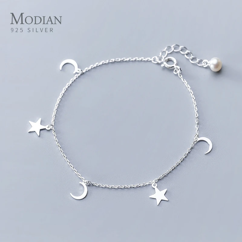 MODIAN 925 Sterling Silver Mini Star & Moon Bracelet/Anklet for Women