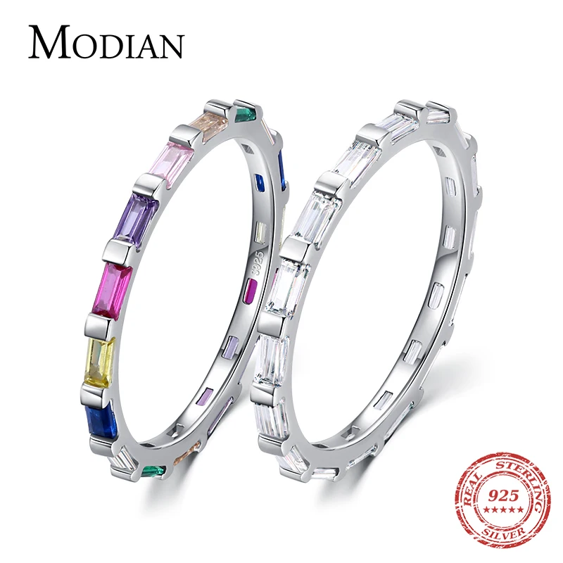 Modian 925 Sterling Silver Rainbow Emerald Cut CZ Ring for Women