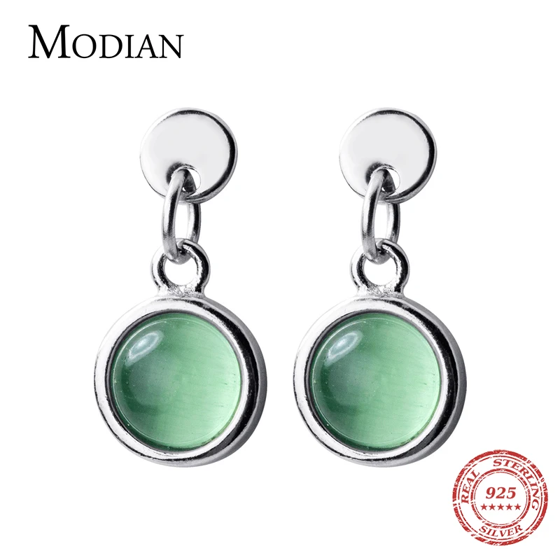 Modian 925 Sterling Silver Round Green Opal Crystal Stud Earrings for Women