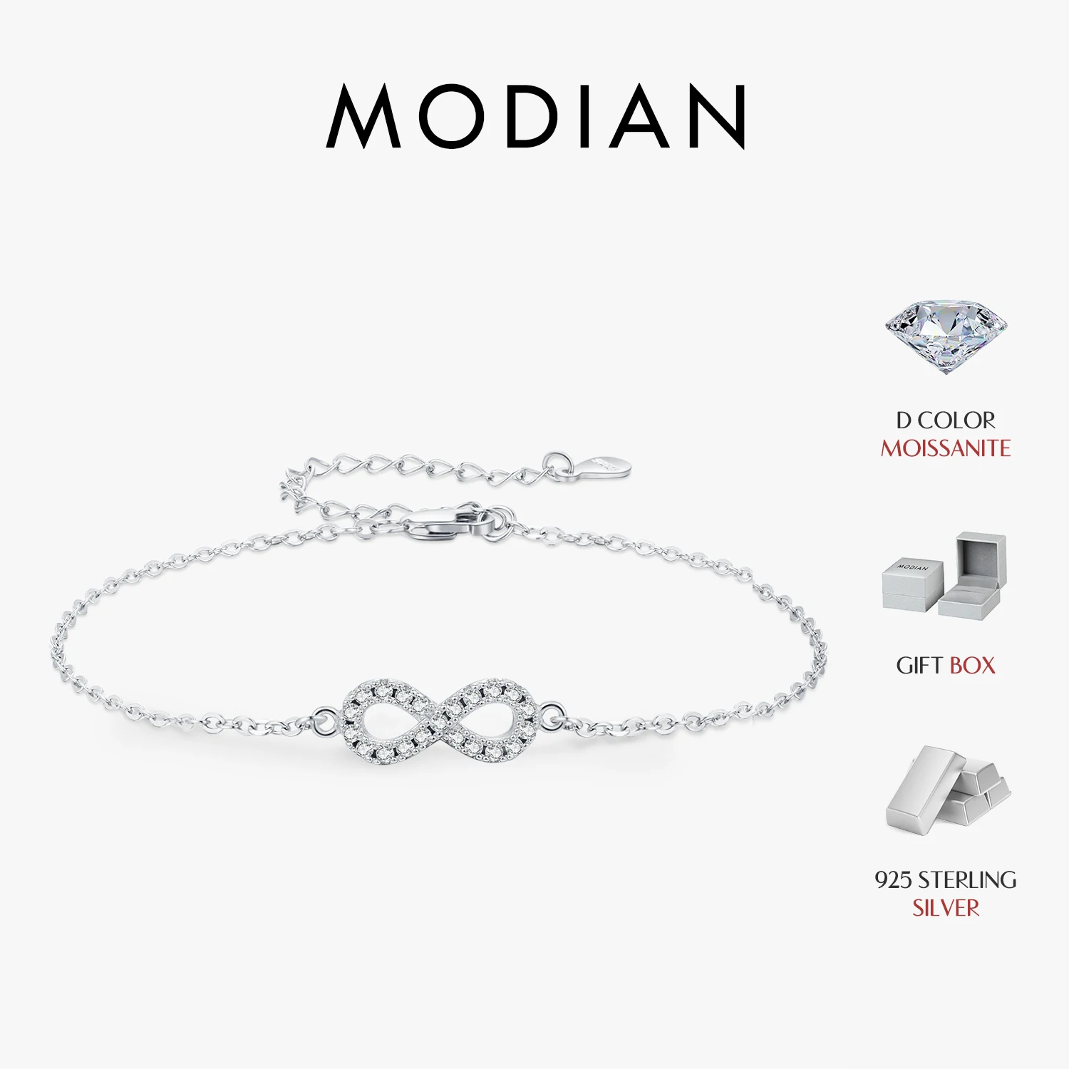 MODIAN D 925 Sterling Silver Color Moissanite Infinity Bracelet