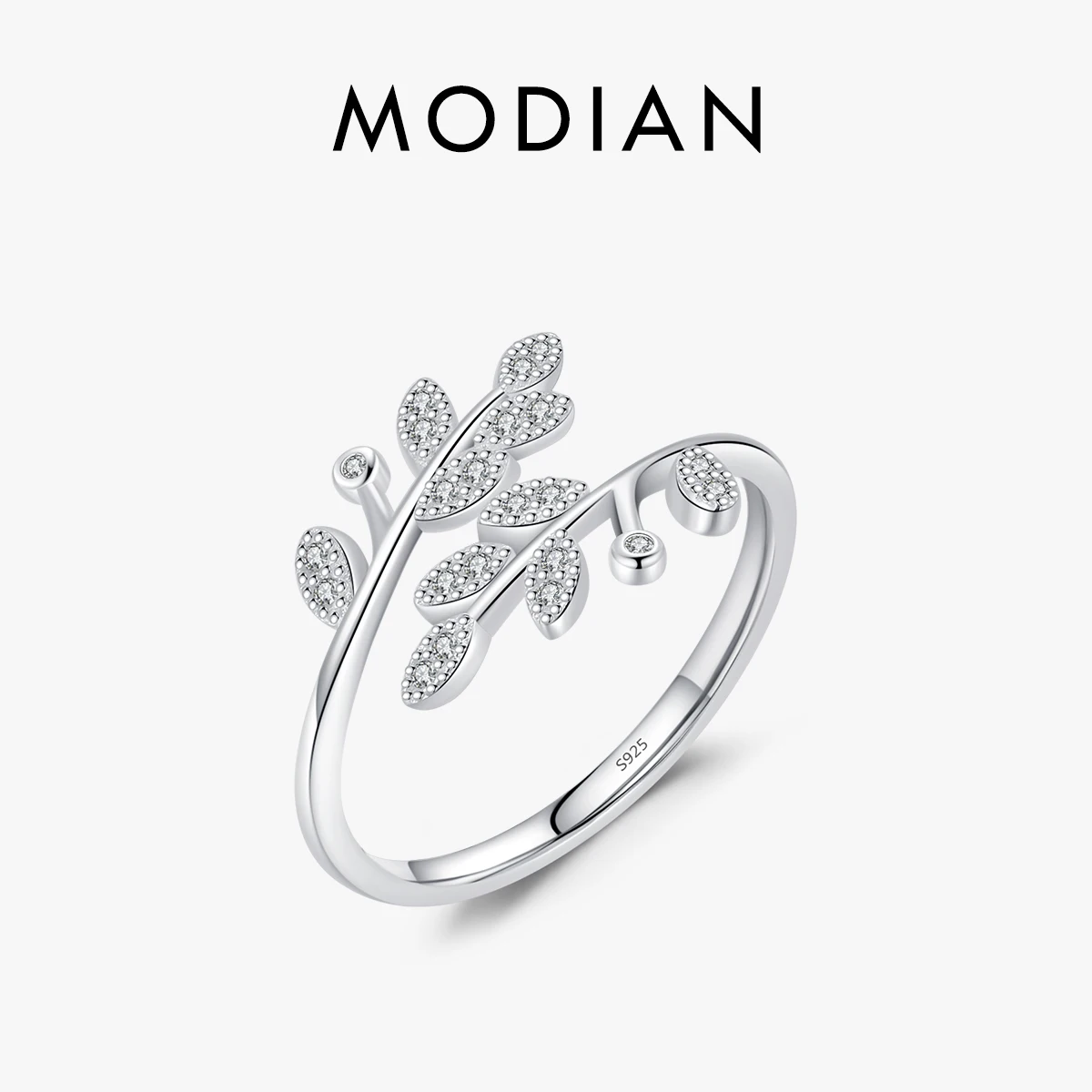 Modian 925 Sterling Silver Lucky Tree Leaf Adjustable Ring with CZ for Women