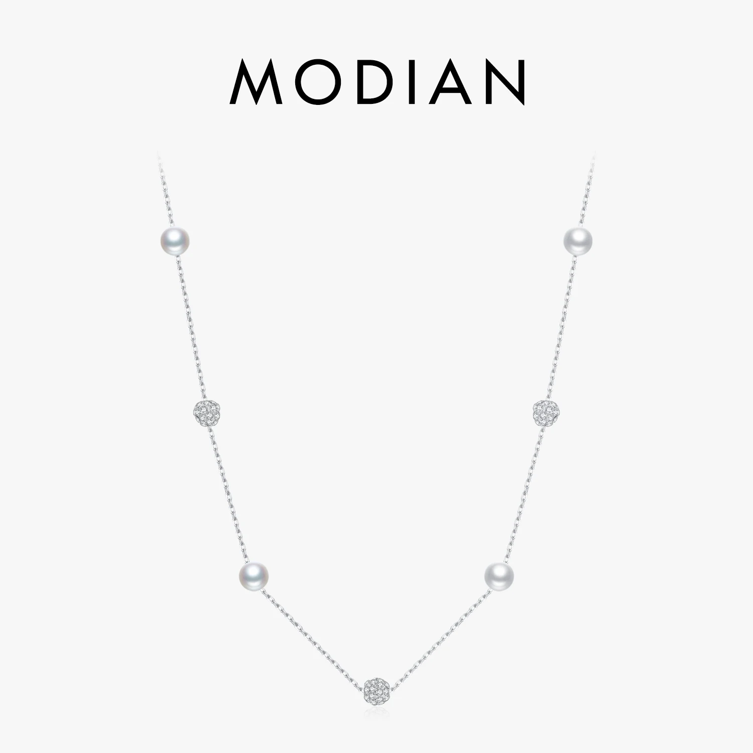 Modian 925 Sterling Silver Zircon Beads & Pearl Chain Necklace for Women