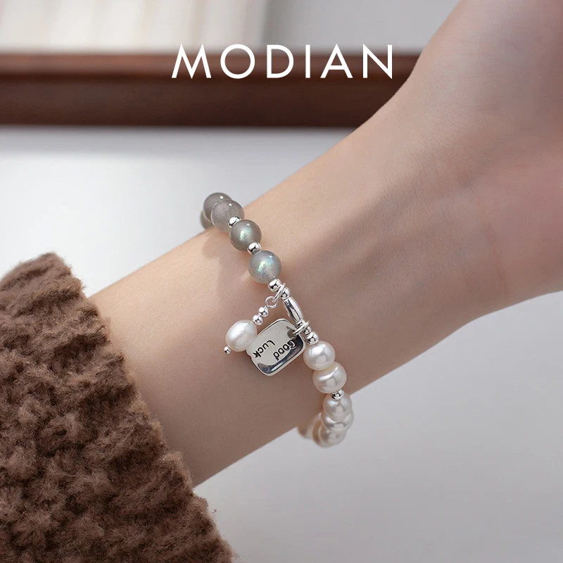 Modian 925 Sterling Silver Moonstone & Pearl Lucky Pendant Bracelet