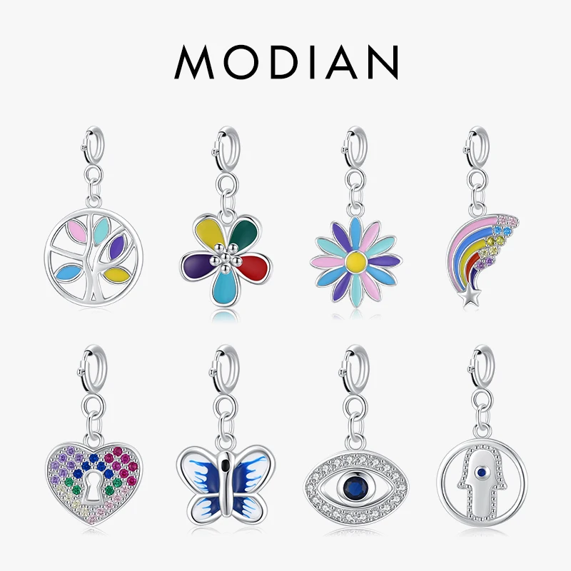 Modian 925 Sterling Silver Enamel Plant Hearts Rainbow Pendant – DIY Bracelet